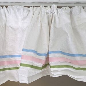 Three White Curtain Valances with Pastel Stripes